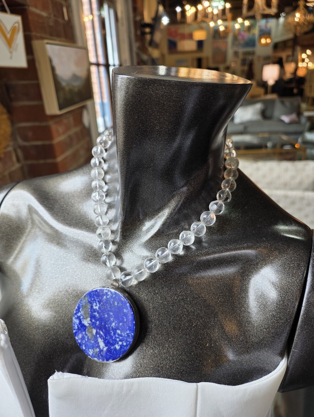 Handmade Clear Bead Necklace with Lapis Blue Round Pendant